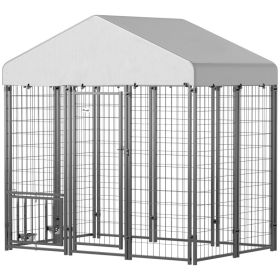 Outdoor Dog Kennel with Roof, Rotating & 4-Level Adjustable Bowls, 5.9' x 4' x 6' (Option: Silver-1440x620x230 mm)