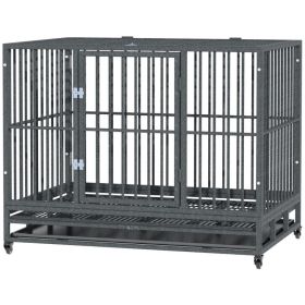 Heavy Duty Dog Crate Metal Cage Kennel - 43", with Lockable Wheels, Double Door and Removable Tray, Gray (Option: Grey Vein-1140x770x230 mm)