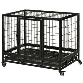 Heavy Duty Dog Crate with Removable Tray - 36", Lockable Wheels and Double Door, for Medium and Large Dogs, Black (Option: Black-950x675x180 mm)