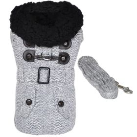 Grey Herringbone Designer Harness Coat and Matching Leash (Size: X-Small)