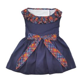 Navy Dog Dress with Plaid Ruffles (Size: Medium)