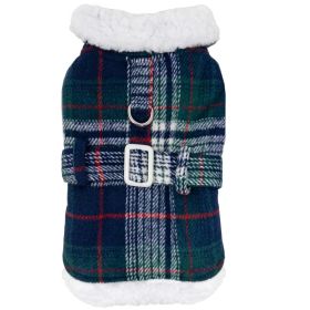 Sherpa-Lined Dog Harness Coat (Color: Blue & Green Plaid, Size: X-Large)
