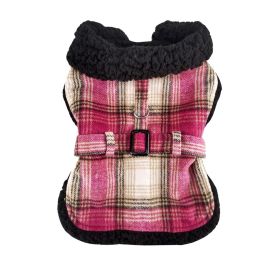 Sherpa-Lined Dog Harness Coat (Color: Hot Pink & Tan Plaid, Size: X-Small)