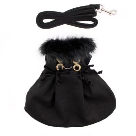 Wool Fur-Trimmed Dog Harness Coat (Color: Black, Size: X-Small)